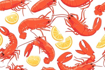 Seamless pattern of lobster and lemon slices