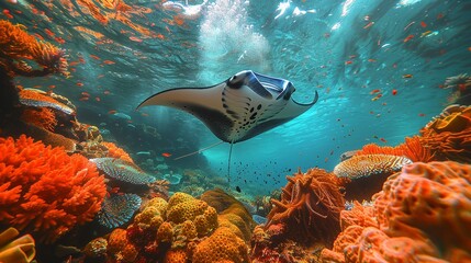 An ethereal underwater scene with a coral reef and a manta ray gliding gracefully above, casting shadows on the vibrant corals below. Dramatic Photo Style,