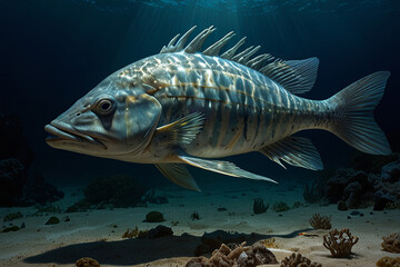 Fototapeta premium Grouper in the deep blue sea, capturing the vibrant underwater fish world. Ideal for marine life and ocean-themed projects.