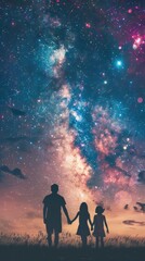 Fototapeta premium Family Of Three Is Standing In A Field Of Grass, Looking Up At The Stars, American Independence.