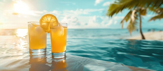 Poolside and beachfront cocktail glasses with room for text.