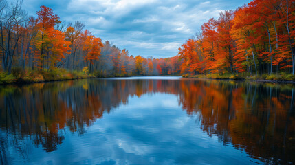 Fototapeta premium A calm lake reflects the trees with autumn leaves under a cloudy sky in a forest landscape