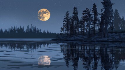 A large blue moon is shining on the water
