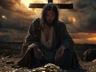 Betrayal and redemption: the scene of the thirty pieces of silver of Judas, where the consequences of his deeds are clearly shown next to Jesus Christ crucified on the cross, symbolising the tragedy.