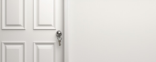 White Door with House-Shaped Keychain and Silver Keys, Ideal for Real Estate Advertising and Home Decor. Minimalistic Banner Design with Focus on Lock and Keys.
