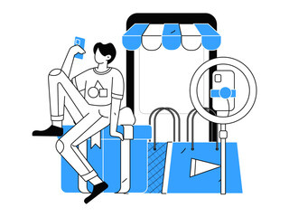 Internet celebrity live broadcast with goods vector internet hand drawn illustration
