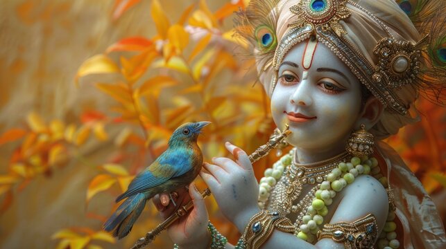 Joyful devotion: happy krishna janmashtami, arrival of lord krishna with traditional rituals, festive decorations, heartfelt bhajans, unity of devotees in a joyous spiritual gathering.