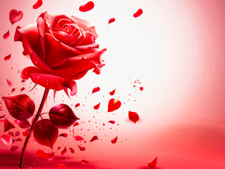 Dew-Covered Red Rose with Falling Petals.