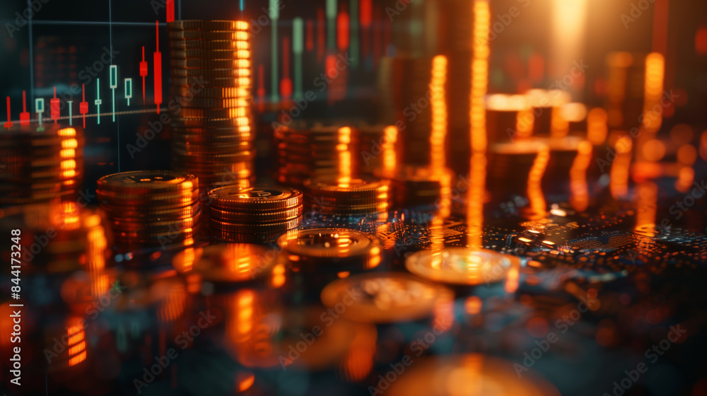Poster close-up of stacks of colorful coins with blurred graph in background