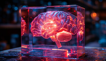 A clear crystal cubic square with a floating colorful hologram of a human brain on the black isolated background