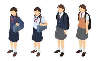 アイソメトリックイラスト：女子中学生と女子高校生