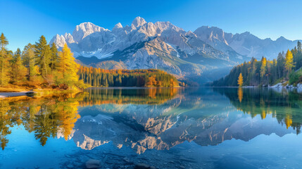 Obraz premium Serene lake with mountains in background