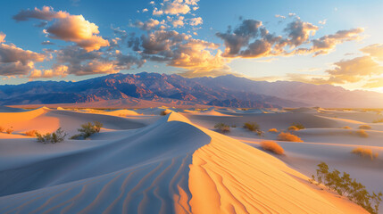 Sand dunes at sunset with mountains in the background