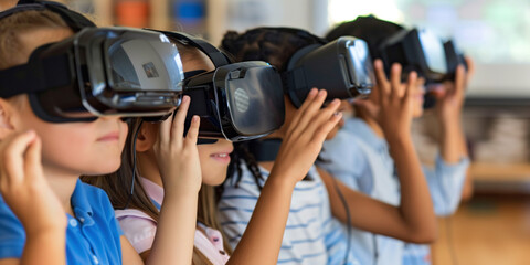 children in classroom wearing vr headset, using virtual reality to learn 