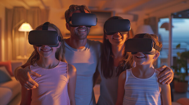 whole family wearing virtual reality headset watching movie of playing game using vr technology - Powered by Adobe