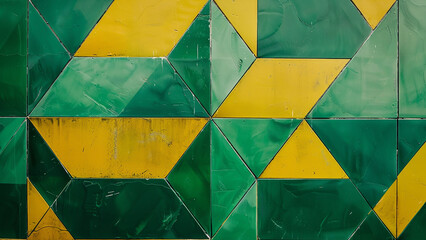 Green and Yellow Geometric Tile Wall with Abstract Patterns and Textures