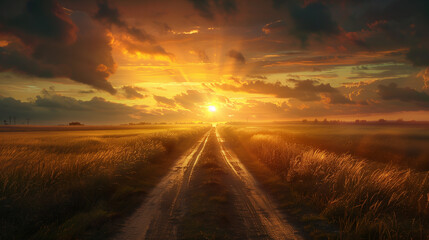 Sunset over dirt road through wheat field.