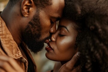 Romantic Connection: A Black Couple Kissing, Embracing Their Love and Feelings in a Warm Display of Affection and Togetherness.