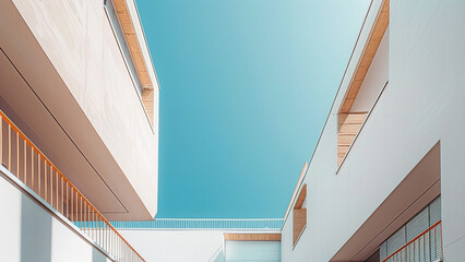 Modern minimalist building design with clean lines and vibrant blue sky