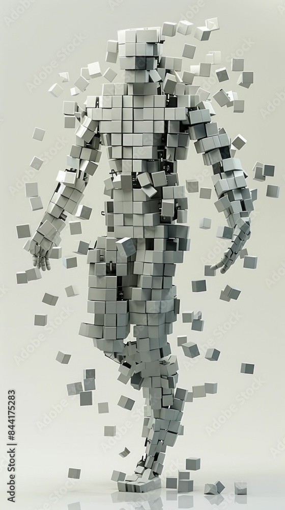 Poster abstract geometric 3d rendering of a man constructed from cubes on a clean white background