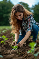 Woman testing soil quality for sustainable farming, field setting, environmental focus, agritech tools, detailed analysis