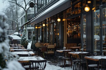 Fototapeta premium Winter city center exterior view of restaurant building in the snowy urban landscape