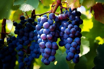 Naklejka premium Blue grapes hanging on a tree. Blue grapes in the garden