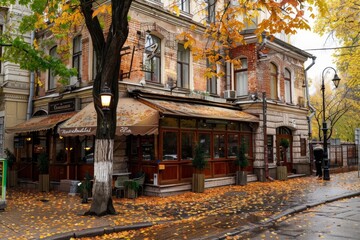 Autumnal city center restaurant facade in a lively urban setting with seasonal charm
