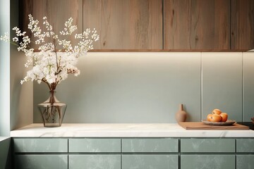 japandi modern scandinavian style apartment interior, kitchen design, decoration with green pastel counter and wooden cabinet, marble counter top. 3d rendering close up kitchen counter interior.