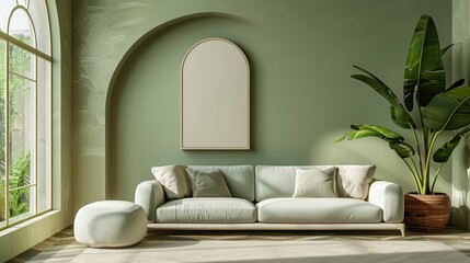 Fototapeta premium Minimalist Living Room with Green Walls and a Lush Plant