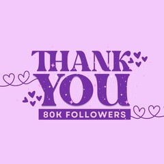 80K Followers Thank You Card minimalist design with purple shades and hearts
