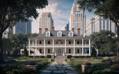 Fototapeta premium A stunning, southern-style mansion surrounded by towering buildings and lush gardens.