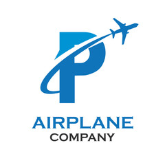 Letter p with airplane logo template illustration. suitable for transportation, brand, travel, agency, web, label, network, marketing etc