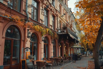 Captivating autumn city center ambiance featuring delightful restaurant exterior views
