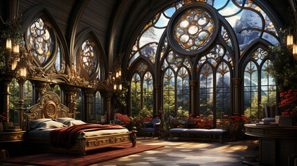 Fototapeta premium royal room bed room with big window