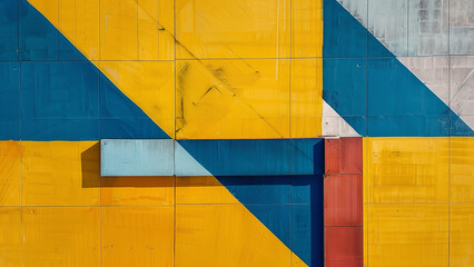 Abstract geometric mural with bold yellow, blue, and red shapes on a concrete wall