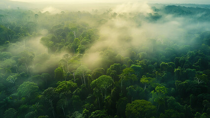 Aerial view of misty tropical rainforest with dense green canopy at sunrise