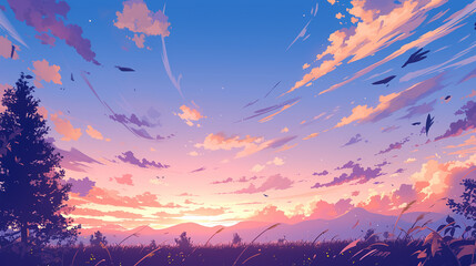 風に吹かれる夕方の野原の風景