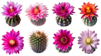 Collection of vibrant blooming cactus flowers in various colors, showcasing beautiful floral details. Ideal for botany and nature themes.