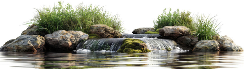 Serene waterfall flowing over rocks surrounded by lush greenery, creating a peaceful and natural outdoor scene isolated on transparent background, PNG