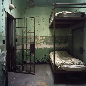 An empty prison cell with the door open 