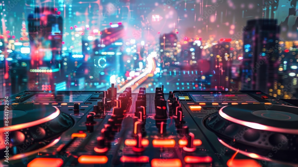 Poster artistic double exposure blending pulsating music waves with abstract cityscapes for a dynamic night