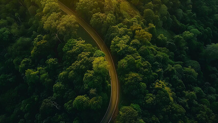 Serene Winding Road Through Dense Green Forest in Soft Evening Light