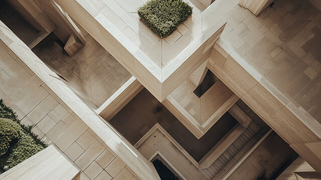 Top View of Modern Architectural Design with Intersecting Pathways and Green Elements