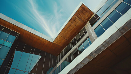 Obraz premium Contemporary Building with Dynamic Angular Roof and Large Glass Facades