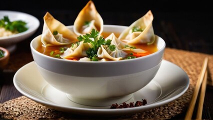 Elegant Serenity, A Bowl of Asian Wonton Soup with Fresh Garnish