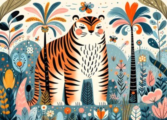 Obraz premium ilustración infantil, wallpaper, cuento de hadas, fantasía, variopinto, hada, gigante, tigre, león, mono, elefante rey, villano, storybook, ilustración, arte, animal, diversión, felinos, flor, bebé, n