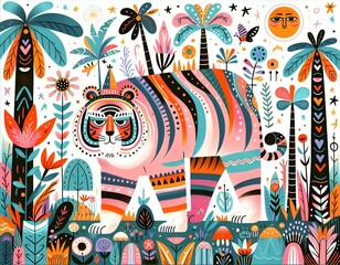 Obraz premium ilustración infantil, wallpaper, cuento de hadas, fantasía, variopinto, hada, gigante, tigre, león, mono, elefante rey, villano, storybook, ilustración, arte, animal, diversión, felinos, flor, bebé, n
