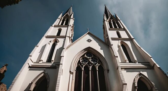 gothic church cathedral exterior on blue sky with clouds front view