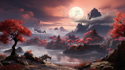 a colorful ink painting of ancient Chinese style, the courtyard is full of charming spring flowers